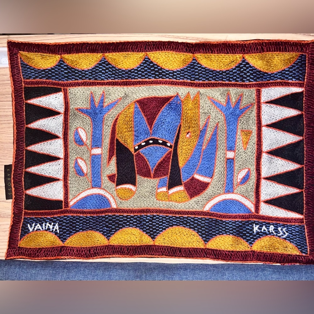 Kaross South African Rhino Art Embroidered Placemat Tapestry Handmade "VAINA"